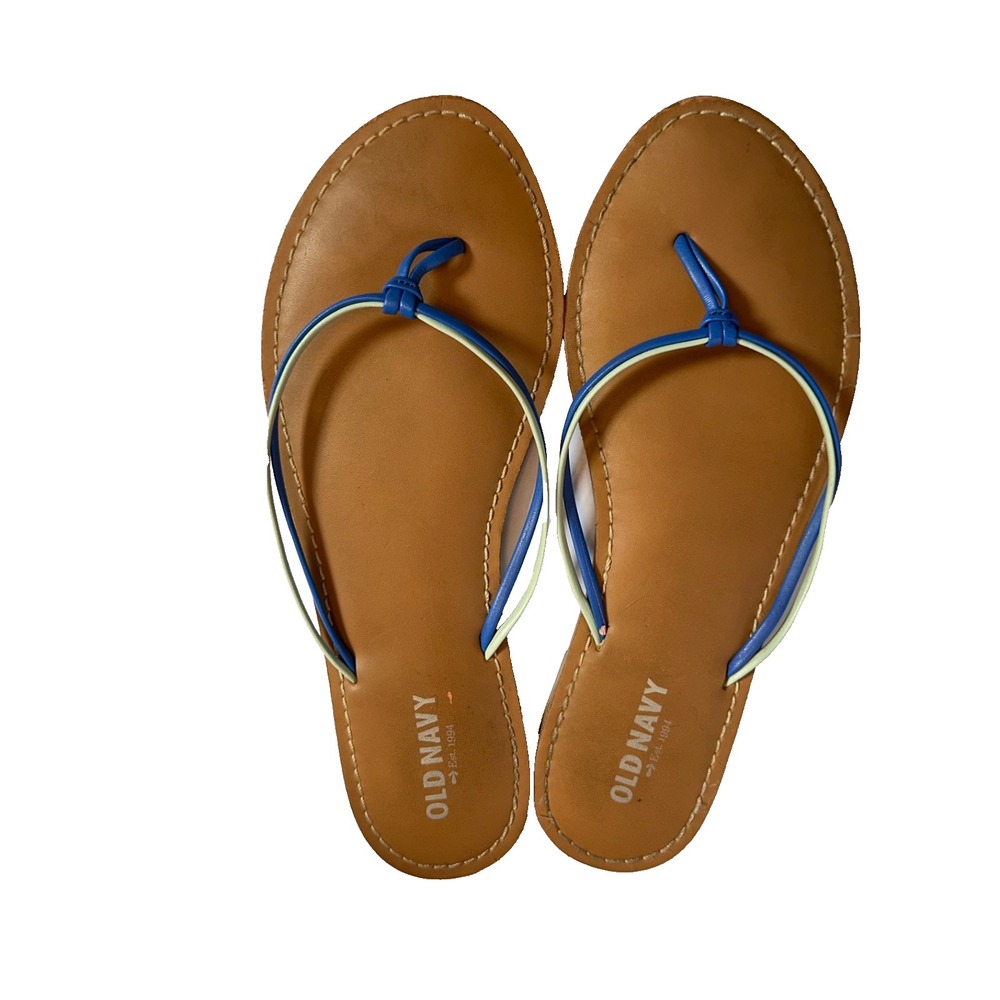 Old Navy Tan Sandals Women Size 8 Hot Blue & Mint  Straps Flip Flop Summer Beach